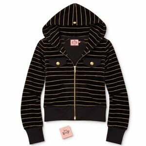 Y2K Juicy Couture Black Velour Hoodie Gold Stripes Crown Logo NWT Zip Jacket S